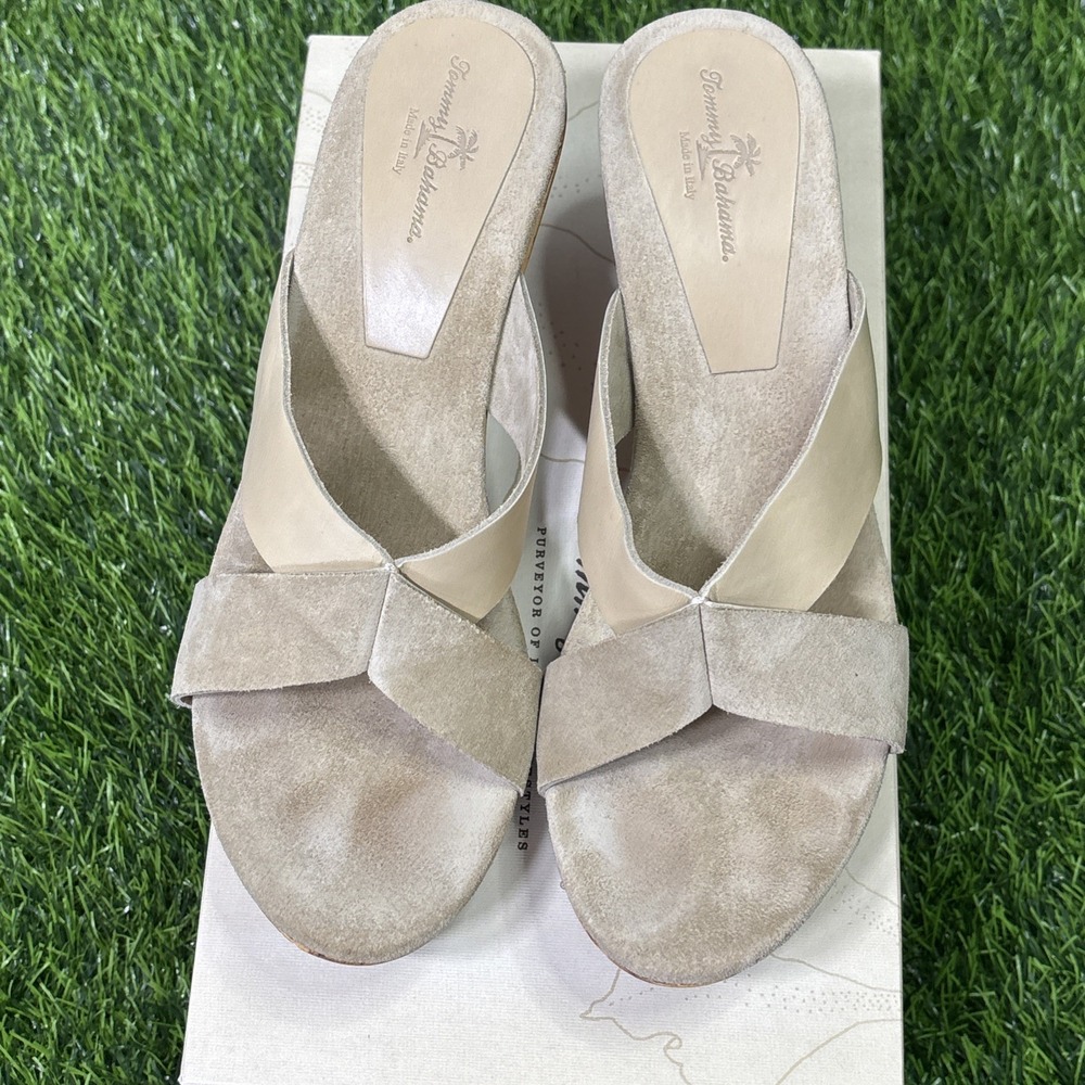 Tommy Bahama Wooden Say No Raw Sugar Italy Suede Leather Slide Sandals - Picture 3 of 8